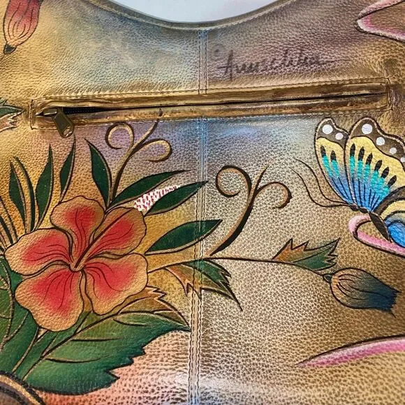 Anuschka Hand painted Leather Satchel Bag in Butterfly Floral - Picture 15 of 16